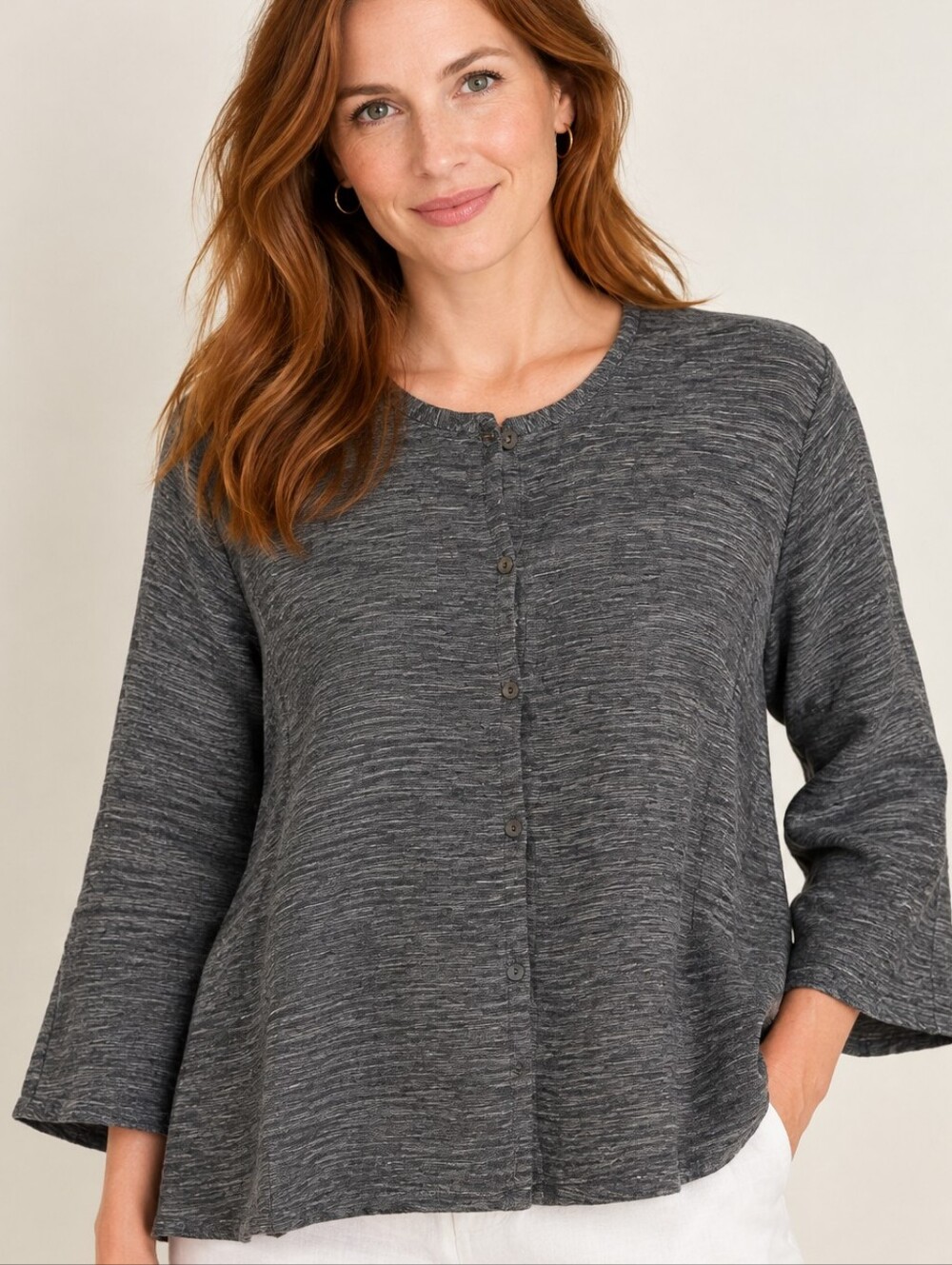 Eileen Fisher Organic Linen Cardigan Size Medium Gray Black Button Up Round Neck